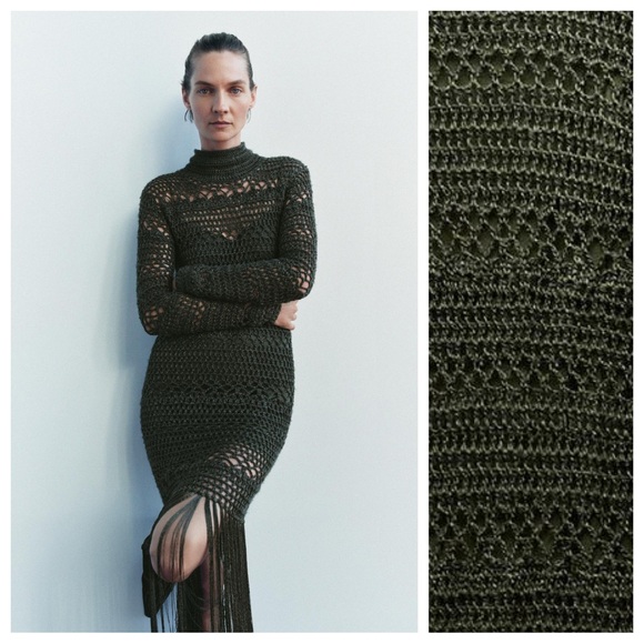 Zara Dresses & Skirts - NWT. Zara Green Crochet Lace Dress with Fringe. Lining is missing. Size L.